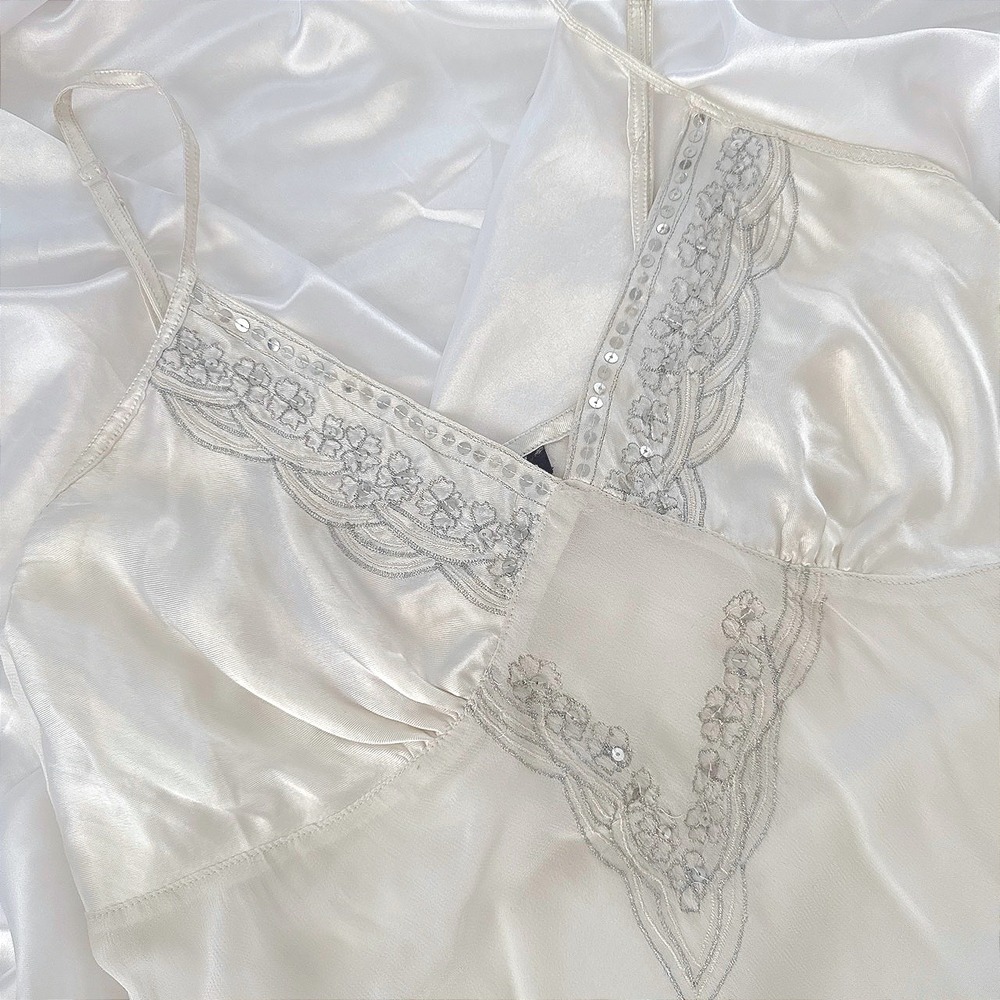 Vintage Wet Seal Cream Rayon Cami Top Embroidered Sequin Sheer Fairycore Large
